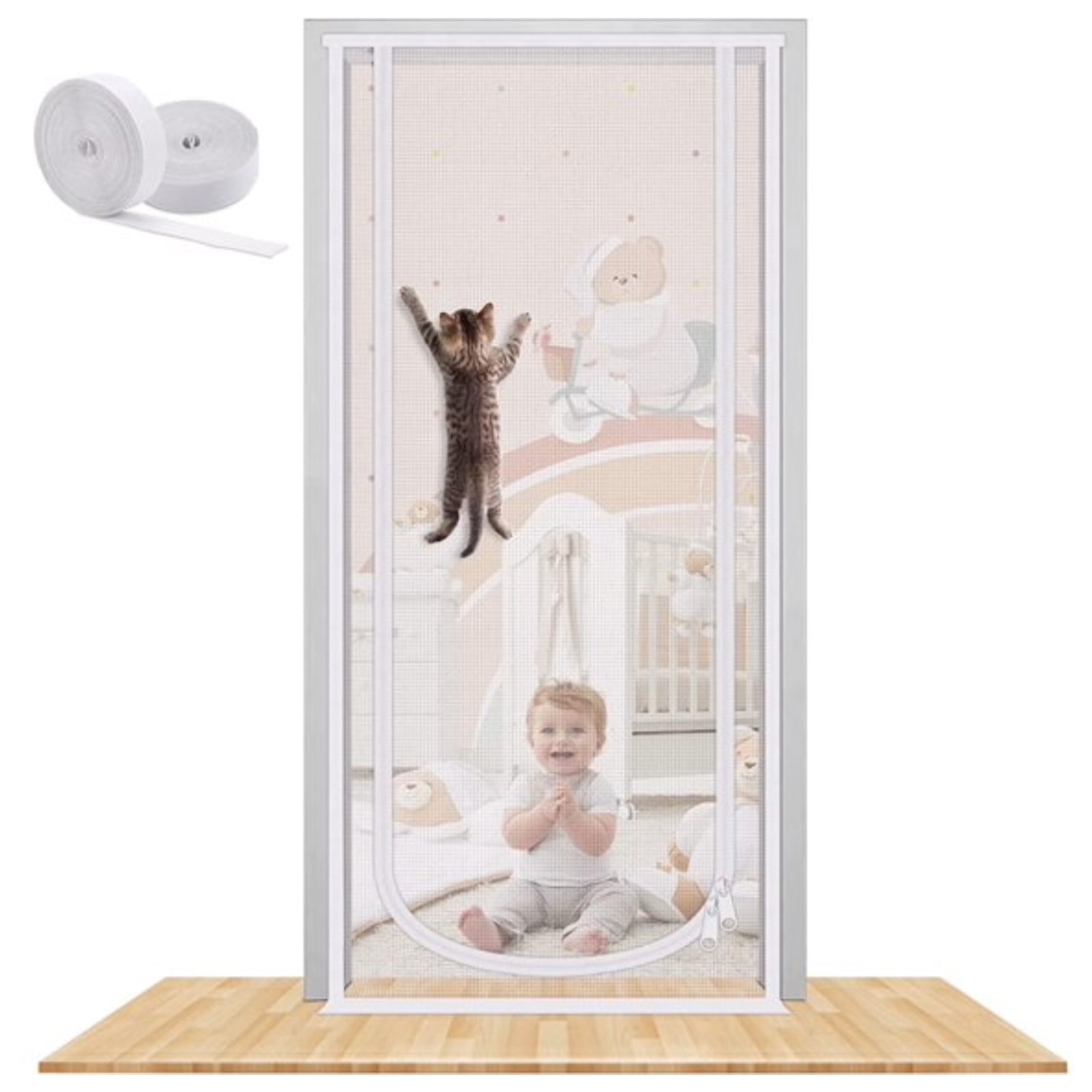 Wallfire Reinforced Cat Screen Door, Heavy Duty Pets Proof Screen Door with Bilateral Zipper, Prevent Dogs Cats Running Out from Home, Bedroom, Living Room, Kitchen Patio Door,35.5X82,White