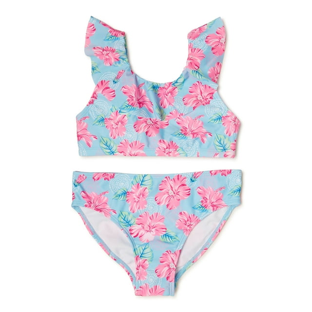 Wallflower Girls Floral Ruffle Bikini Top and Bottom, 2-Piece Swimsuit ...