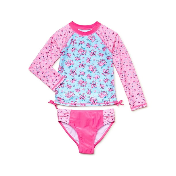 Wallflower Girls Long Sleeve Rash Guard and Swimsuit Bottoms Set, 2