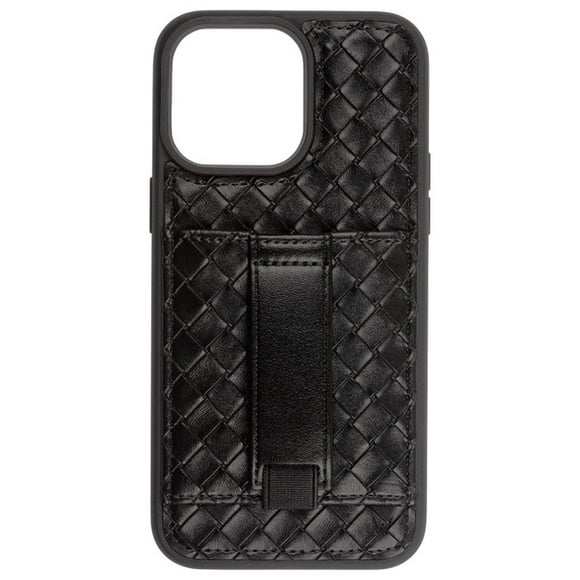 Walli Cases Black Weave Phone Case for iPhone 15 with Wallet, Kickstand, and Finger Strap