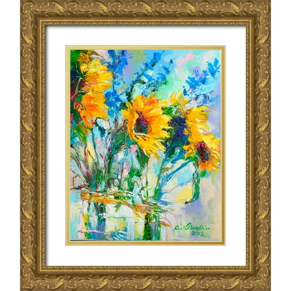 Wallich, Richard 15x18 Gold Ornate Wood Framed with Double Matting Museum Art Print Titled - Sunflowers In Glass Bottles