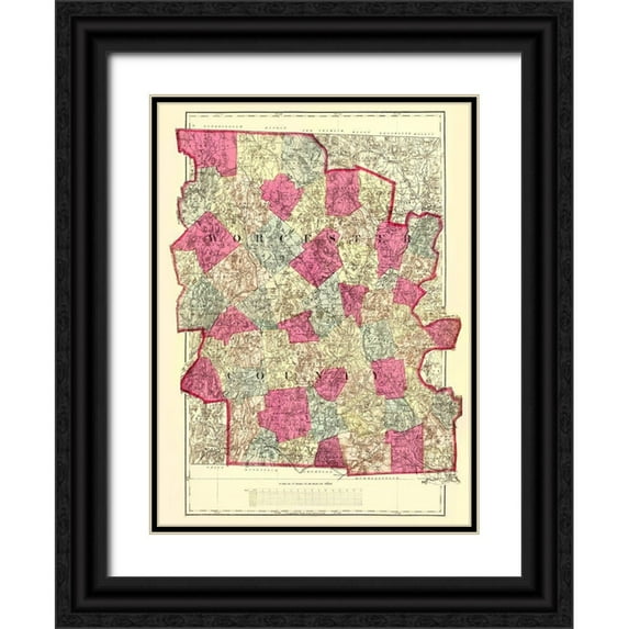 Walling 11x14 Black Ornate Wood Framed with Double Matting Museum Art Print Titled - Worcester Massachusetts - Walling 1871