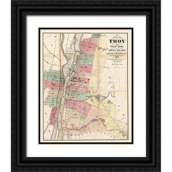 Walling 12x14 Black Ornate Wood Framed with Double Matting Museum Art Print Titled - Troy New York - Walling 1874
