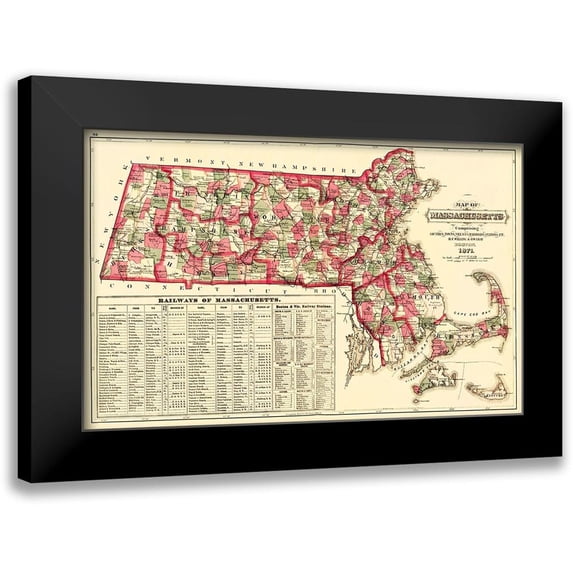 Walling 24x17 Black Modern Framed Museum Art Print Titled - Massachusetts - Walling and Gray 1871