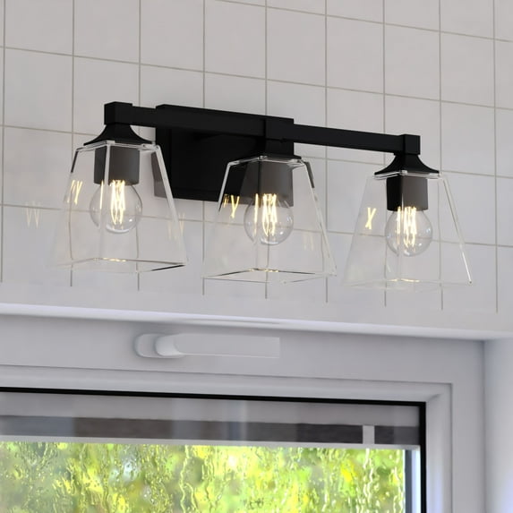 Wallingford 3 Light Matte Black Transitional Bathroom Vanity Fixture Clear Glass