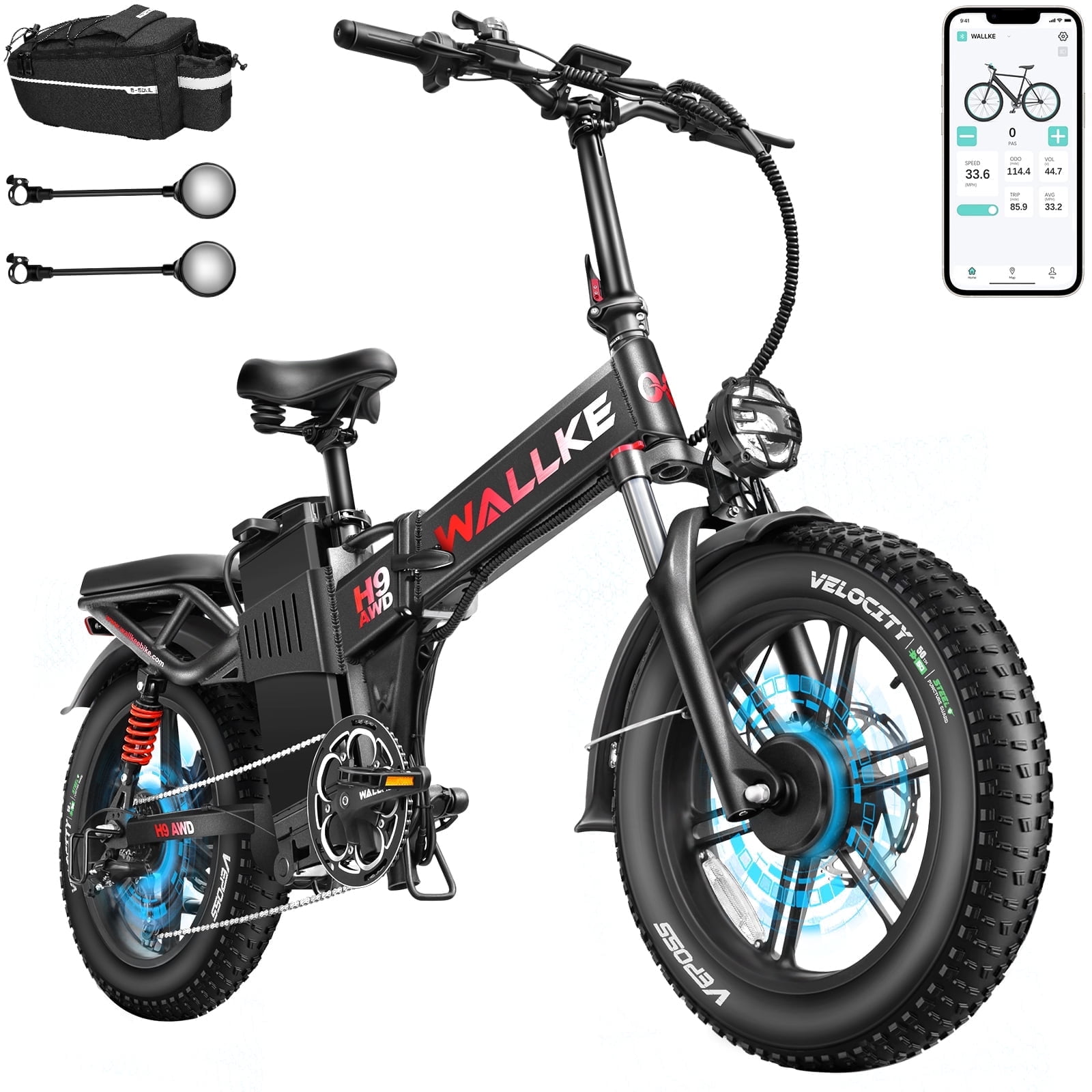 W Wallke 48V 22Ah Foldable Electric Mountain Bicycles,  2800W Dual Motor Ebike, Long Range E-Bike , 26" Fat Tire All Terrain 31-35MPH Fast Ebike Adults, Full Suspension Offroad City E-Bicycle, UL2849
