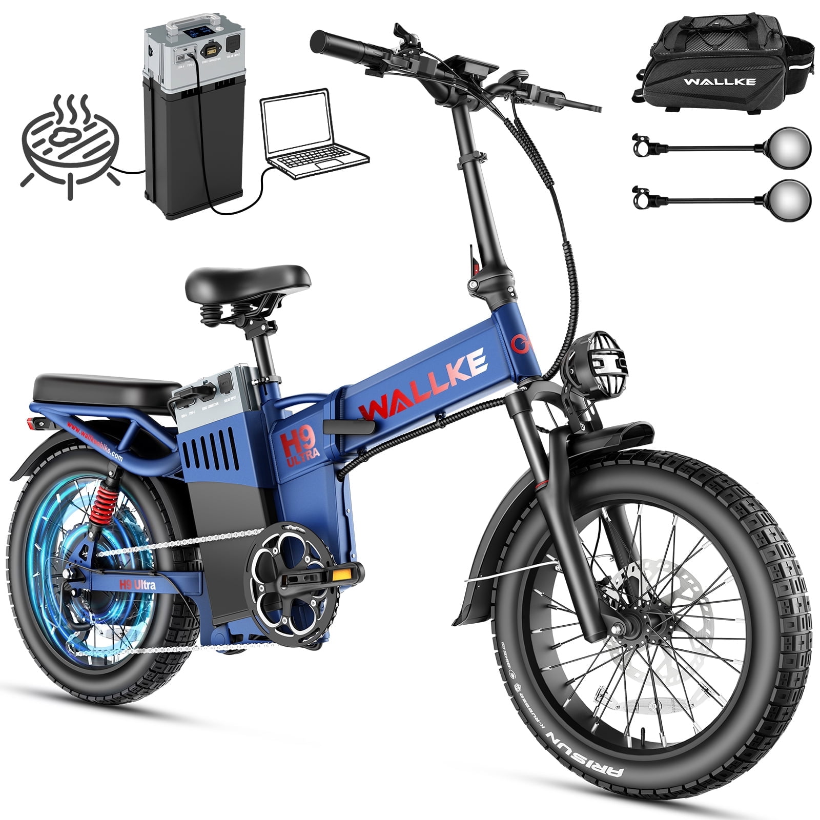 W WALLKE H9 Ultra 4000W Electric Bike for Adults, 37MPH Ebike, 48V 55Ah Portable Power Station Battery, Torque Sensor, 20" Puncture-Proof Fat Tire