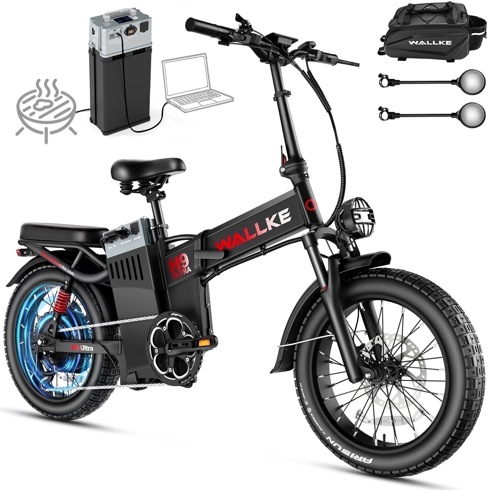 W WALLKE H9 Ultra 4000W Electric Bike for Adults, 37MPH Ebike, 48V 55Ah Portable Power Station Battery, Torque Sensor, 20" Puncture-Proof Fat Tire