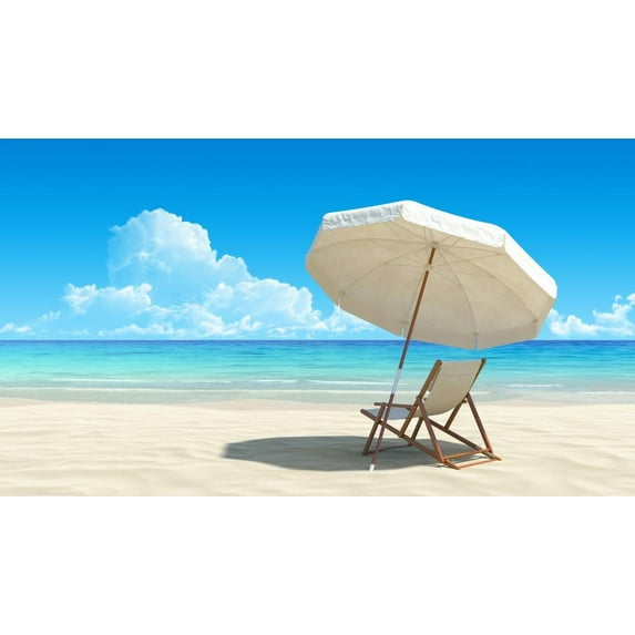 Wallmonkeys Beach Chair and Umbrella on Idyllic Tropical Sand Beach Peel and Stick Wall Decals Mural WM205207 (24 in W x 14 in H)