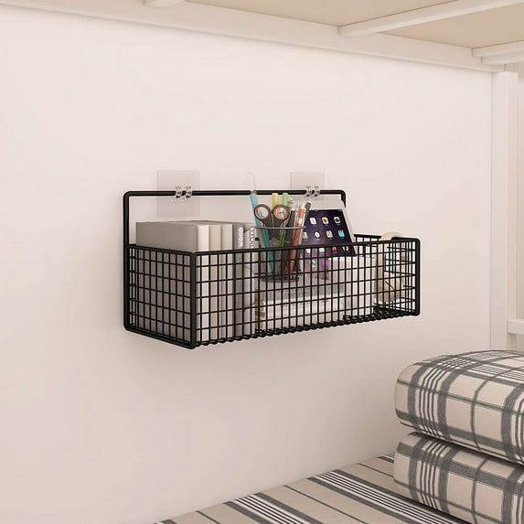 Wallmount Metal Storage Basket Tray - Decorative Organizer for Hanging in Entryway, Mudroom, Bedroom, Bathroom, Laundry Room - Large - Adhesive Hook Included - Black