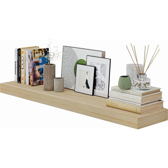 Wallniture 48 Inch Floating Shelf, 10" Deep x 2.5" Thick Pine Wood Wall Shelf, Hidden Bracket Bookshelf for Living Room, Natural, 1 Piece