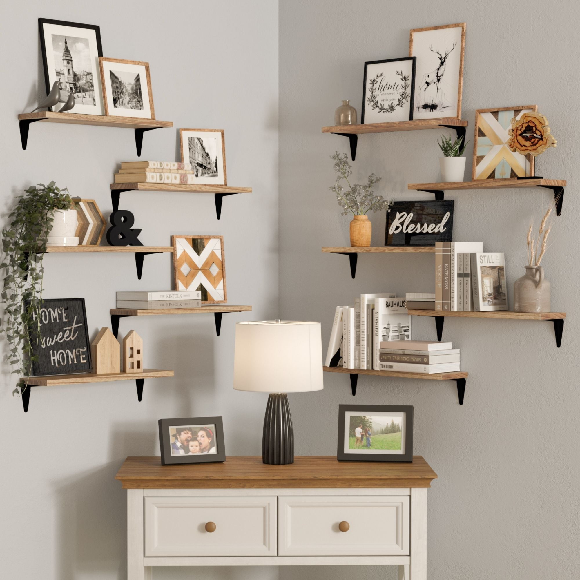 Arras Brown Wood and Steel Floating Shelves Set of 10