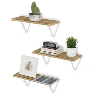Wallniture Colmar Rustic Wall Shelves for Living Room 17"x6" Floating Shelf with White Brackets, Natural Burned, Set of 3