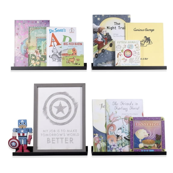 Wallniture Denver 17" Wood Bookshelf Kids Room Decor Set of 4 Floating Shelves Toy Storage, Black