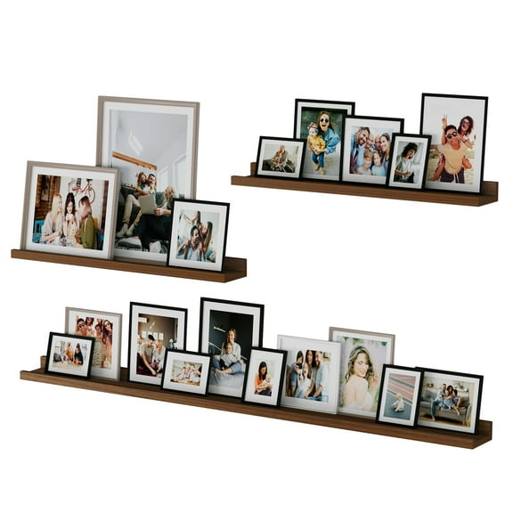 Wallniture Denver 24"-24"-48" Picture Ledge Floating Shelf Wall Bookcase Vinyl Record Plant Display Decor, Walnut, Set of 3