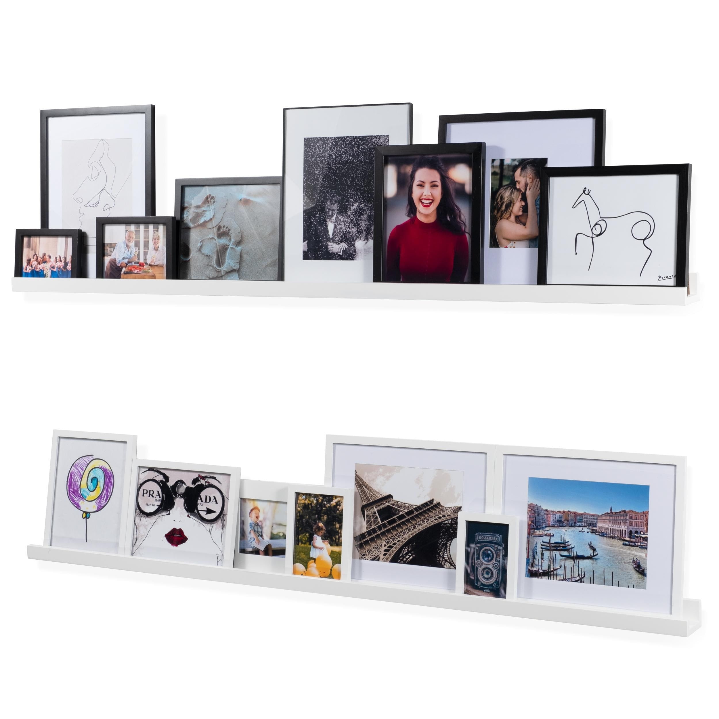 White 60 Inch Wooden Floating Picture Ledge Shelf Set