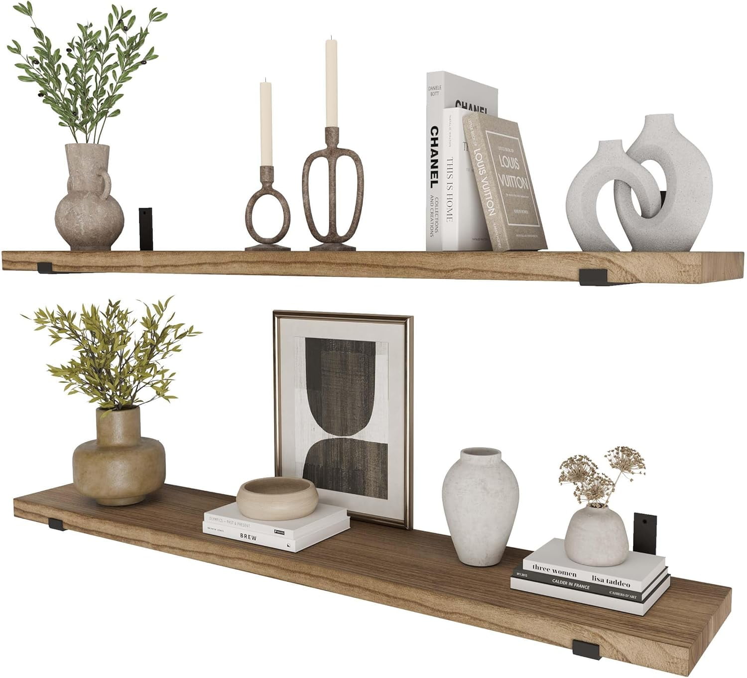 Wallniture Forte 60"x11.5" Floating Shelves for Wall, Wall Shelves for Bedroom Decor, Included Heavy Duty Metal Brackets with 1.5" Thick Board, Kitchen Shelf, Set of 2, Bookshelf, Burnt, Wood