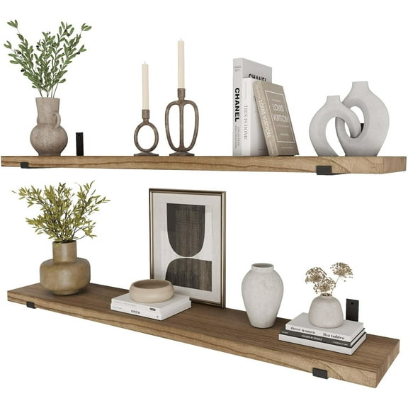 Wallniture Forte 60"x11.5" Floating Shelves for Wall, Wall Shelves for Bedroom Decor, Included Heavy Duty Metal Brackets with 1.5" Thick Board, Kitchen Shelf, Set of 2, Bookshelf, Burnt, Wood