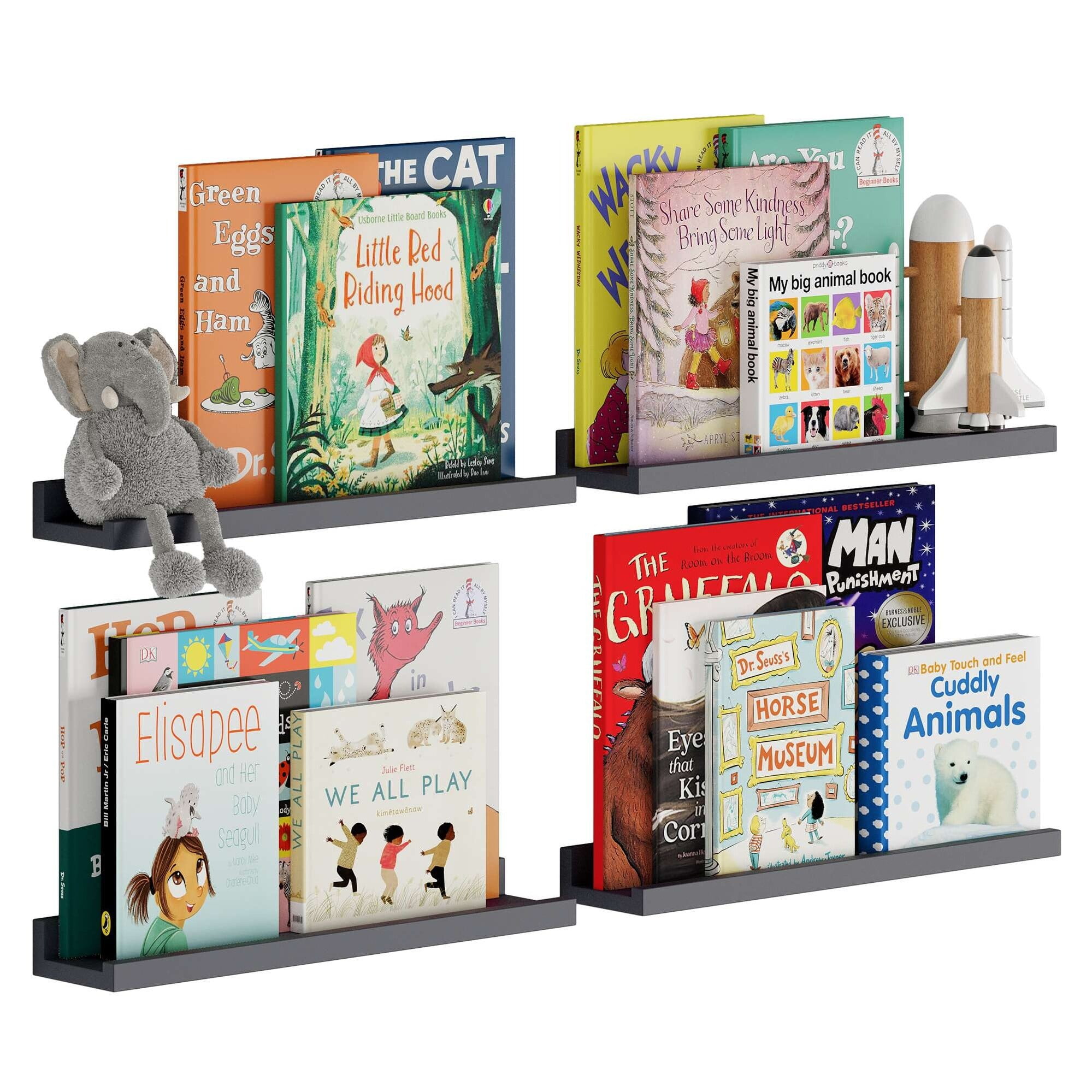 Gray MDF Floating Wall Shelves for Kids Room, Set of 4