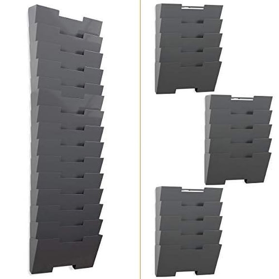 Wallniture Lisbon 15-Tier Wall Mounted File Holder and Desk Organizer, Metal Gray Office Organization and Storage Rack