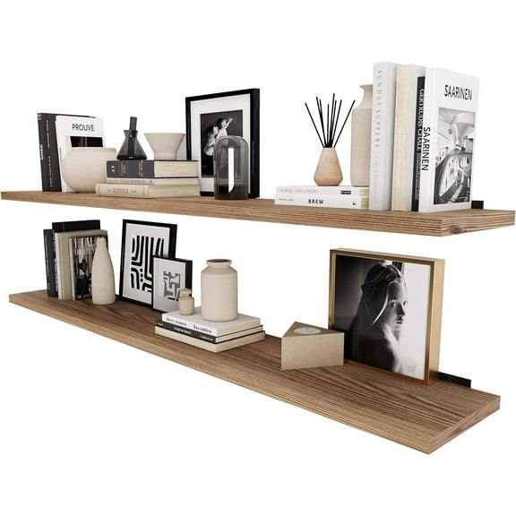 Wallniture Palm 60 inch Long x 10 in Deep Rustic Floating Shelves for Wall Storage, Wall Book Shelf for Living Room, Shelves Laundry Room, Home Office, Set of 2, Burnt Finish, Real Wood