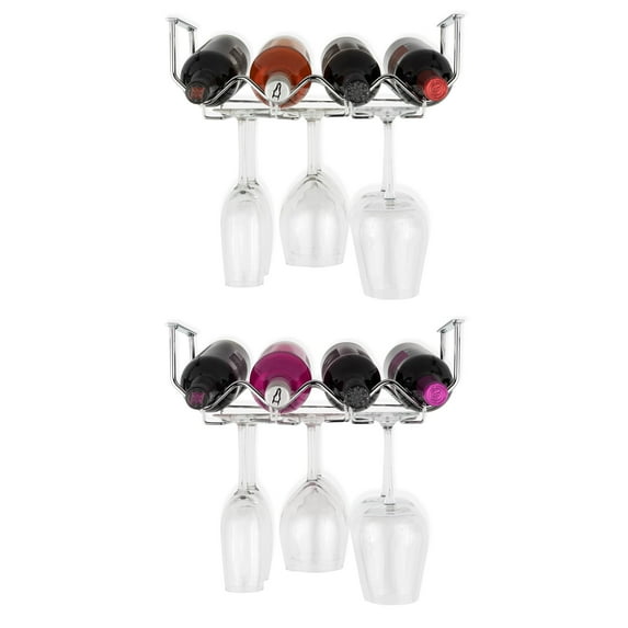 Wallniture Piccola Wine Rack and Glasses Holder Under Cabinet Bottle and Stemware Glass Metal Hanger, Chrome, Set of 2