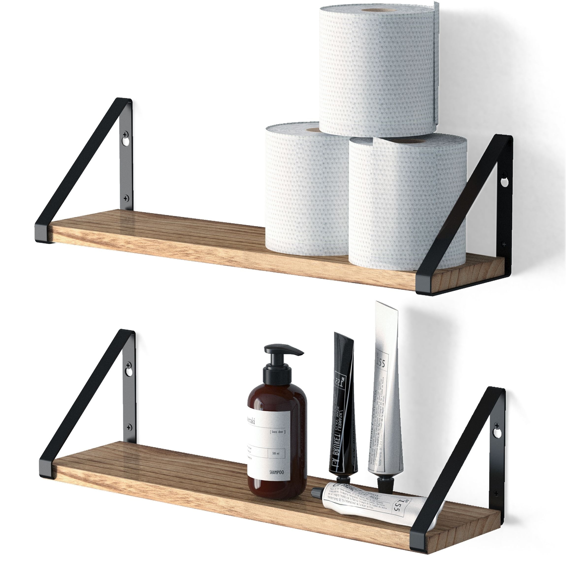 Wallniture Ponza 17" Bathroom Floating Shelves Over Toilet Storage Shelf Rustic Wall Shelving, Natural Burned (2 Count)