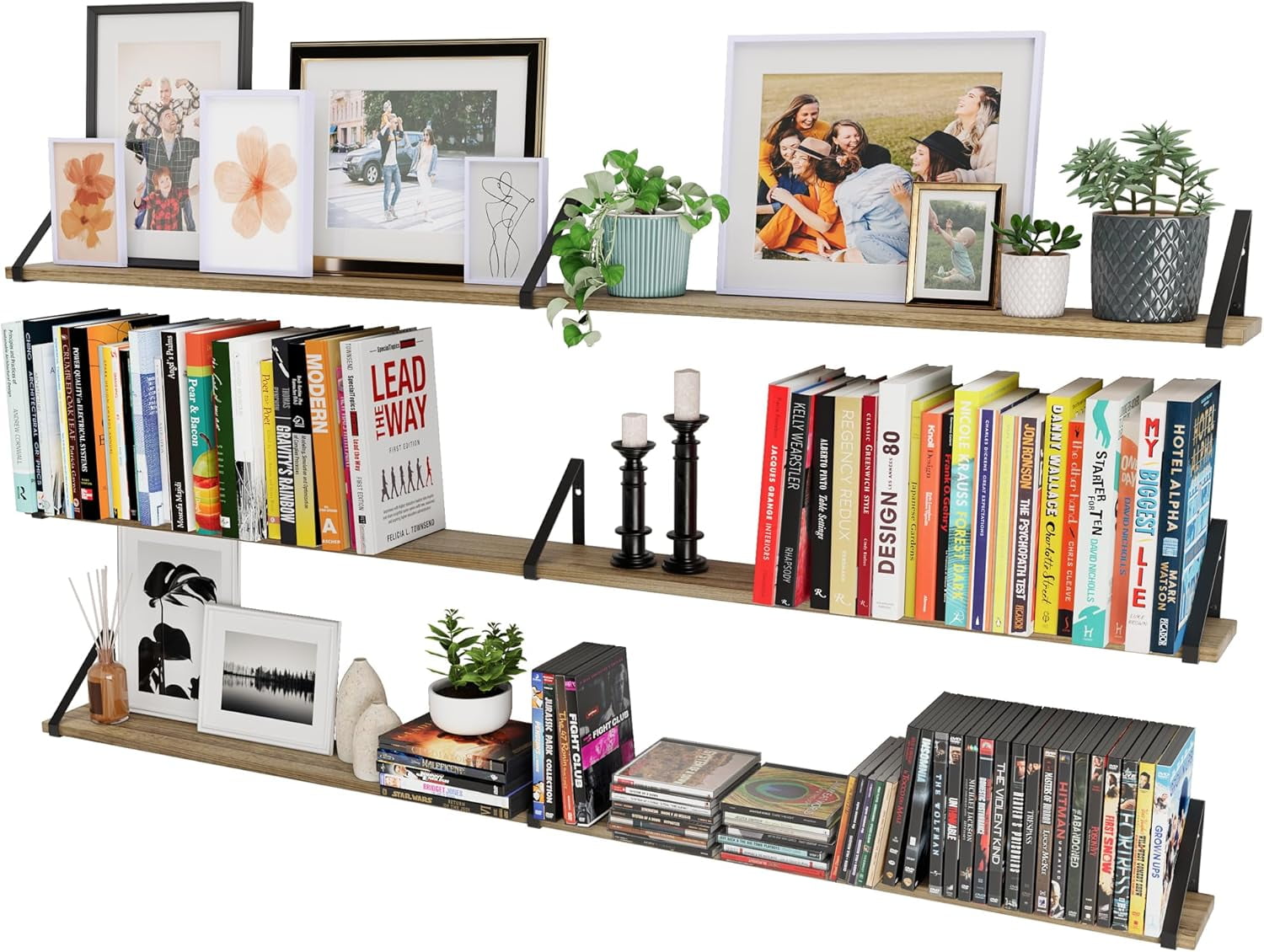 Wallniture Ponza 60 inch Long & 4.5 inch Wide Rustic Floating Shelves for Wall, Wall Bookshelf for Living Room, Floating Wall Shelf for Home Office, Bedroom, Kitchen, Set of 3, Burnt, Wood