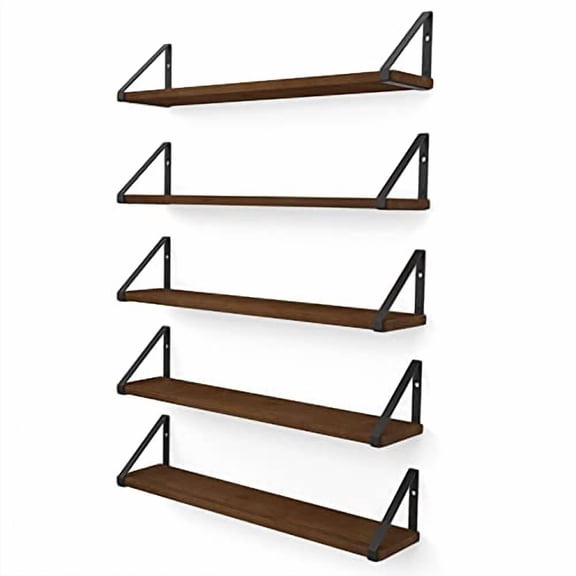 Wallniture Ponza Floating Shelves for Wall, 24" Floating Bookshelf, Wood Wall Shelves for Bedroom Decor, Walnut, Set of 5
