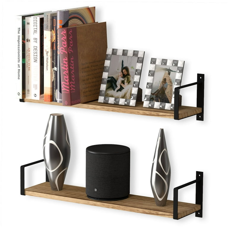 Wallniture Toledo Rustic Floating Shelves for Living Room 24 inch Wood Wall Storage Hanging Bookshelf Natural Burned Set of 2