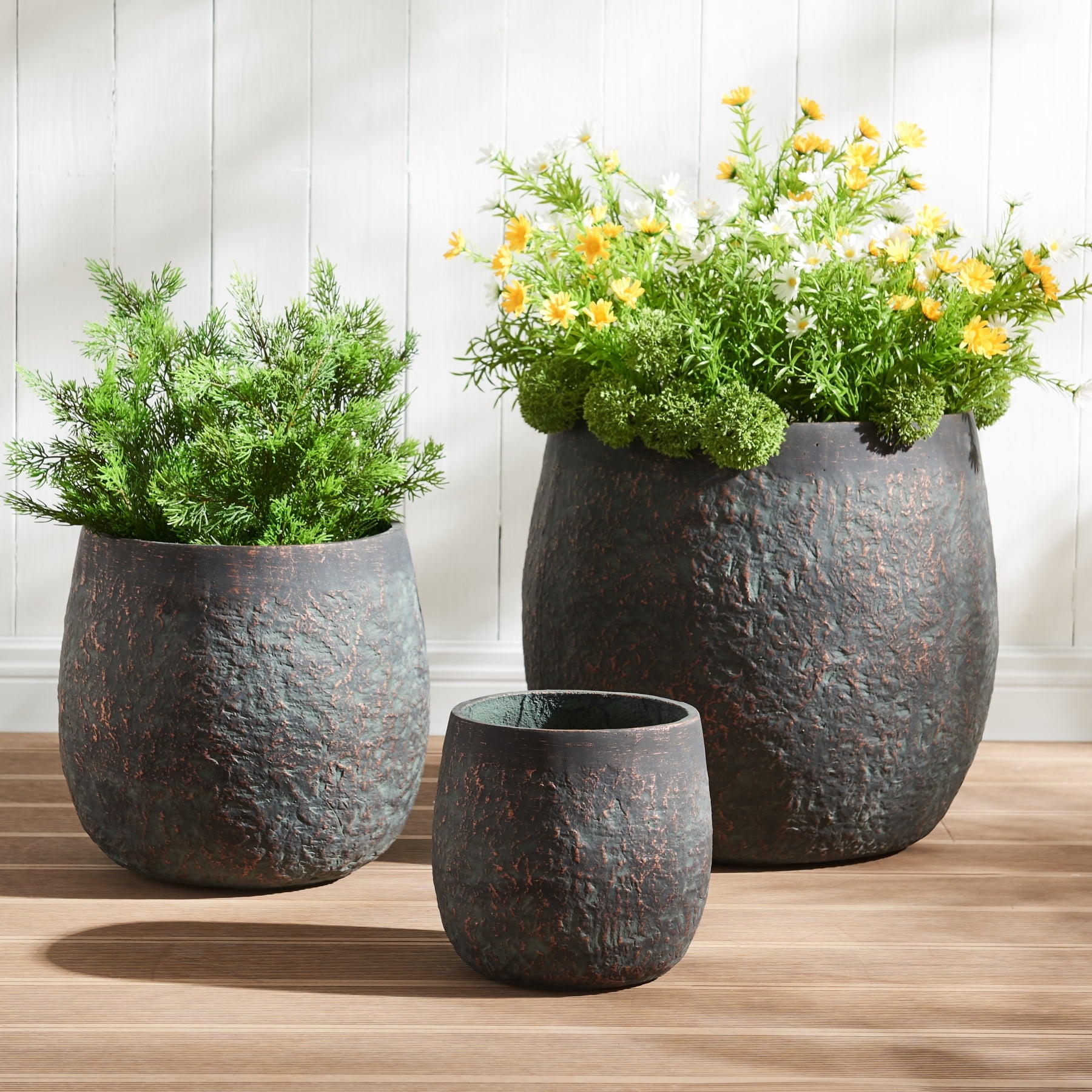 Wallowa 17.7"+13"+9.1" Dia Round Weathered Concrete Planter set of 3, Flower Pots with Drainage Holes for Indoor or Outdoor, Bronze Rust