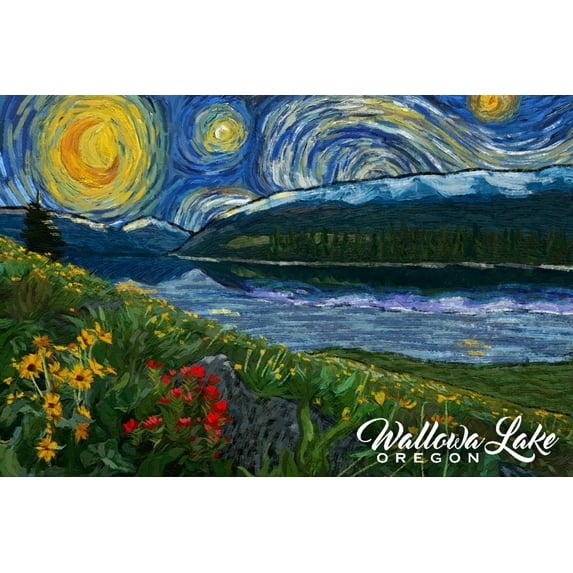 Wallowa Lake, Oregon, Starry Night (24x36 Giclee Gallery Art Print, Vivid Textured Wall Decor)