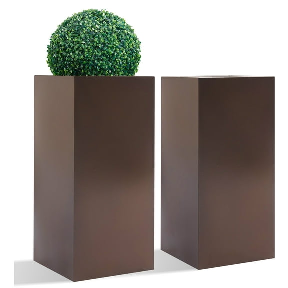 Wallowa Tall Outdoor/Indoor Planter Box, 14x14x30 Inches, Brown Steel, Solid Print, 2 Count