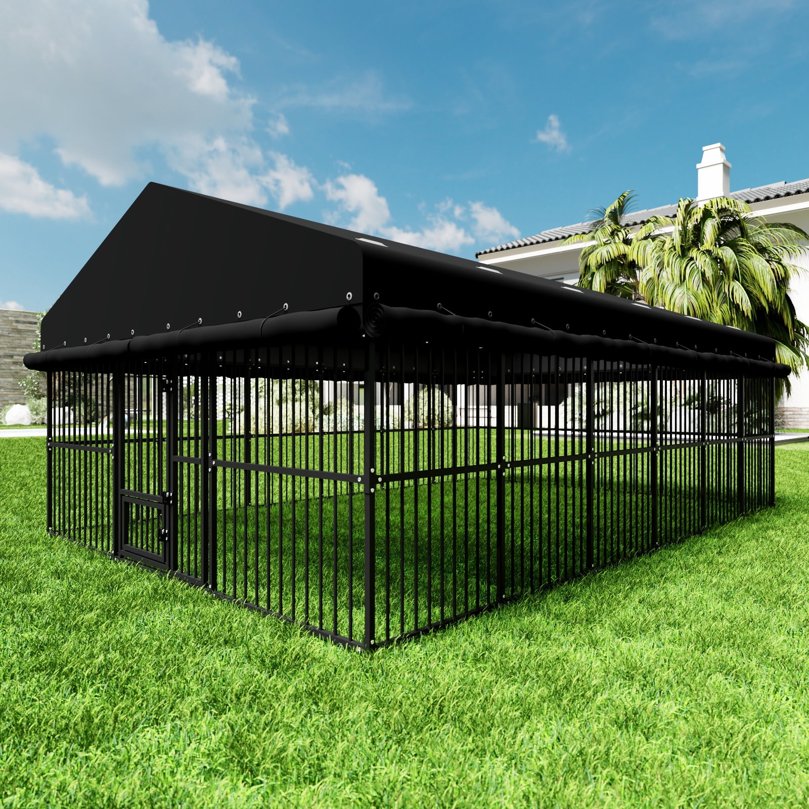 Wallowsun 10x15 FT Outdoor Dog Kennel, Heavy-Duty Metal Dog Cage with Swivel Door, Waterproof Oxford Cloth Cover, Weatherproof Enclosure for Medium & Large Dogs