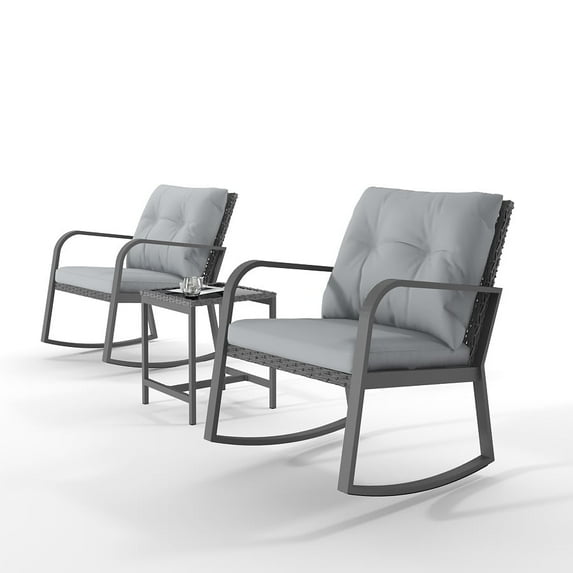 Wallowsun 3 Pieces Outdoor Rocking Bistro Set,Patio Conversation Set w Thick Cushions and Glass-Top Table for Poolside Patio Garden(Grey)