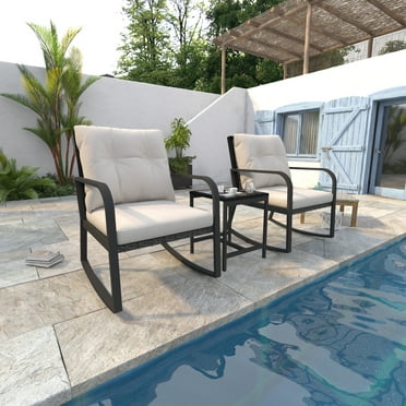 Wallowsun 3 Pieces Rocking Bistro Set,Patio Conversation Set w Cushions and Glass Table for Patio Pool  Garden(Gery)