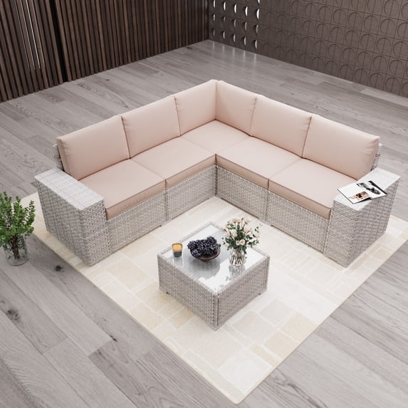 Wallowsun 6-Piece Modular Sectional Sofa Set - Outdoor Patio Furniture Set with Thick Cushions & Double-Sided Coffee Table for Garden Patio and Lawn (khaki)