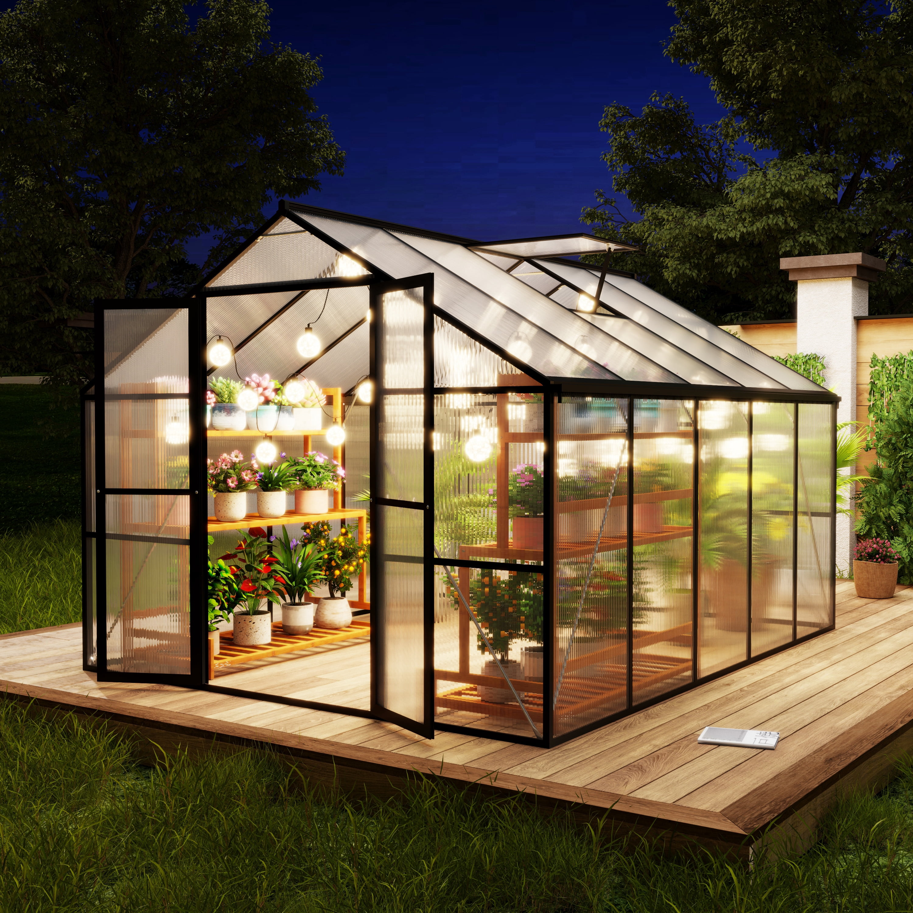 Wallowsun 8 x 10 FT Outdoor Greenhouse, Heavy-Duty Polycarbonate Greenhouse with Aluminum Frame, Lockable Door, Adjustable Roof Vent, Walk-in Green House for Backyard, Garden, Patio