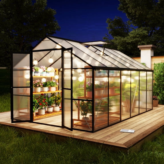 Wallowsun 8 x 12 FT Outdoor Greenhouse, Heavy-Duty Polycarbonate Greenhouse with Aluminum Frame, Lockable Door, Adjustable Roof Vent, Walk-in Green House for Backyard, Garden, Patio