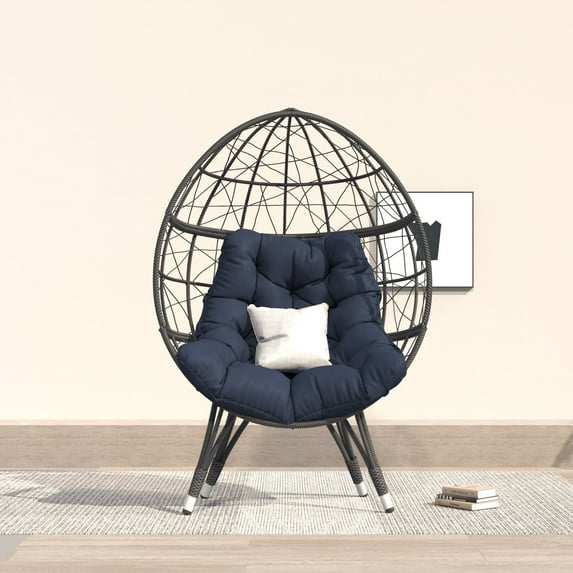 Wallowsun Oversize Wicker Egg Hanging Chair with Outdoor Indoor Cushion, Blue - Set of 1