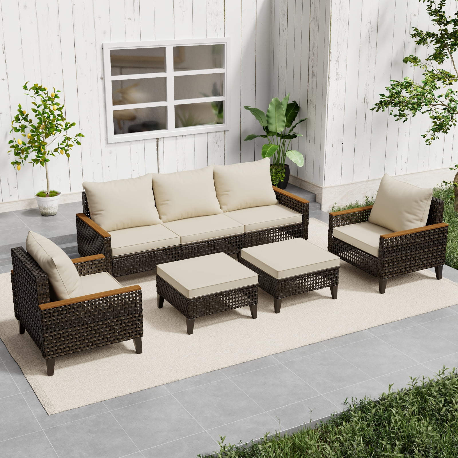 Wallowsun Patio Furniture Set,7 Pieces Outdoor Sectional Sofa Set,All-Weather Wicker Rattan High Back Patio Conversation Set with Ottomans and 4" Thick Cushions for Pool Patio Backyard, Beige