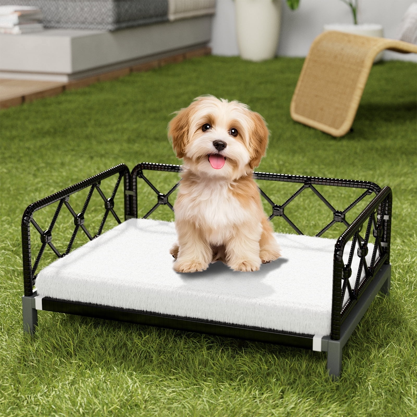 Wallowsun Wicker Dog Bed with 2'' Cushion,Rattan Dog Sofa Bed for Small Medium Dogs– Indoor/Outdoor Metal Frame Pet Bed up 66lbs(Black Rattan White Cushion)