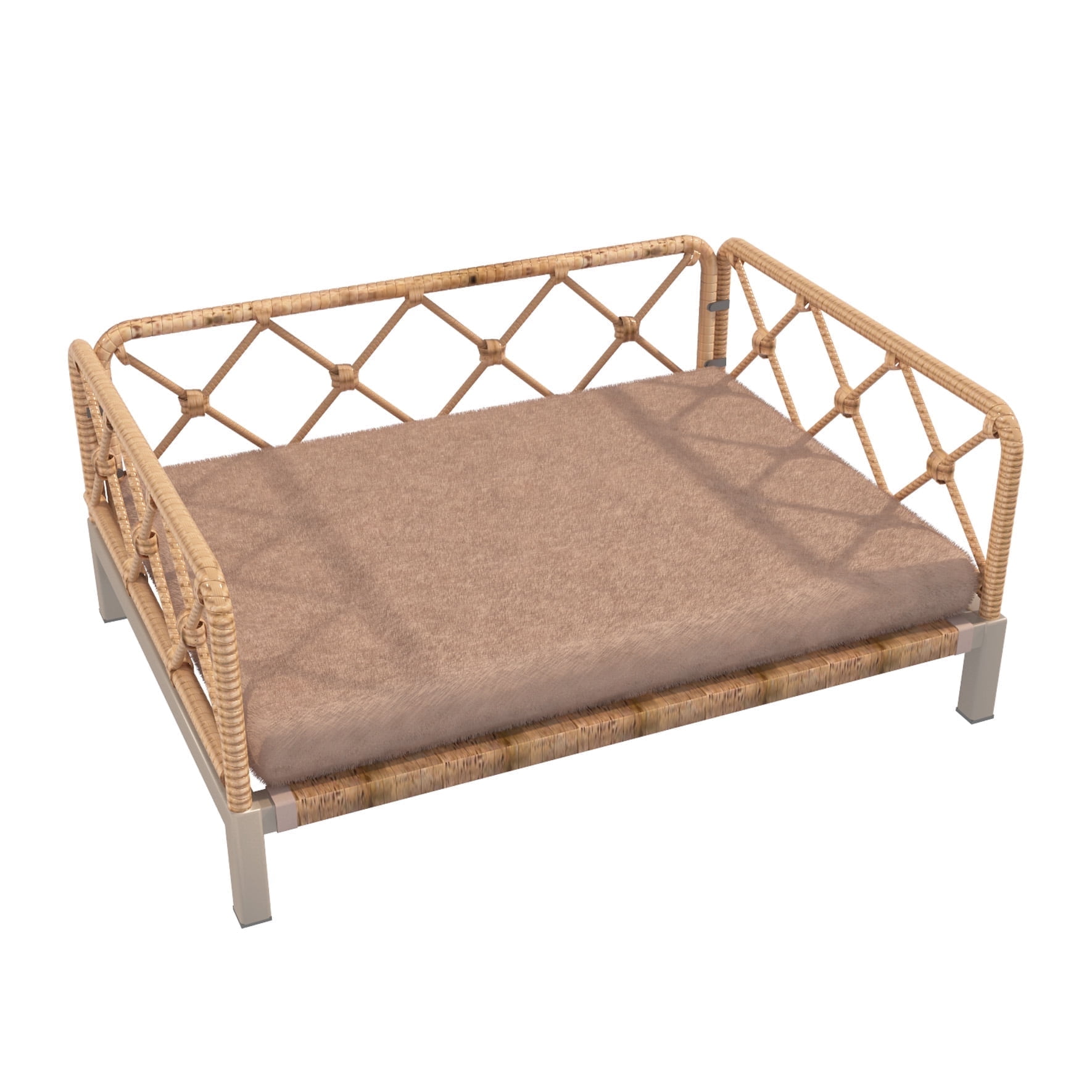 Wallowsun Dual Purpose Wicker Dog Bed with 2'' Cushion,Rattan Dog Sofa Bed for Small Medium Dogs– Indoor/Outdoor Metal Frame Pet Bed up 66lbs (Brown Rattan Brown Cushion)