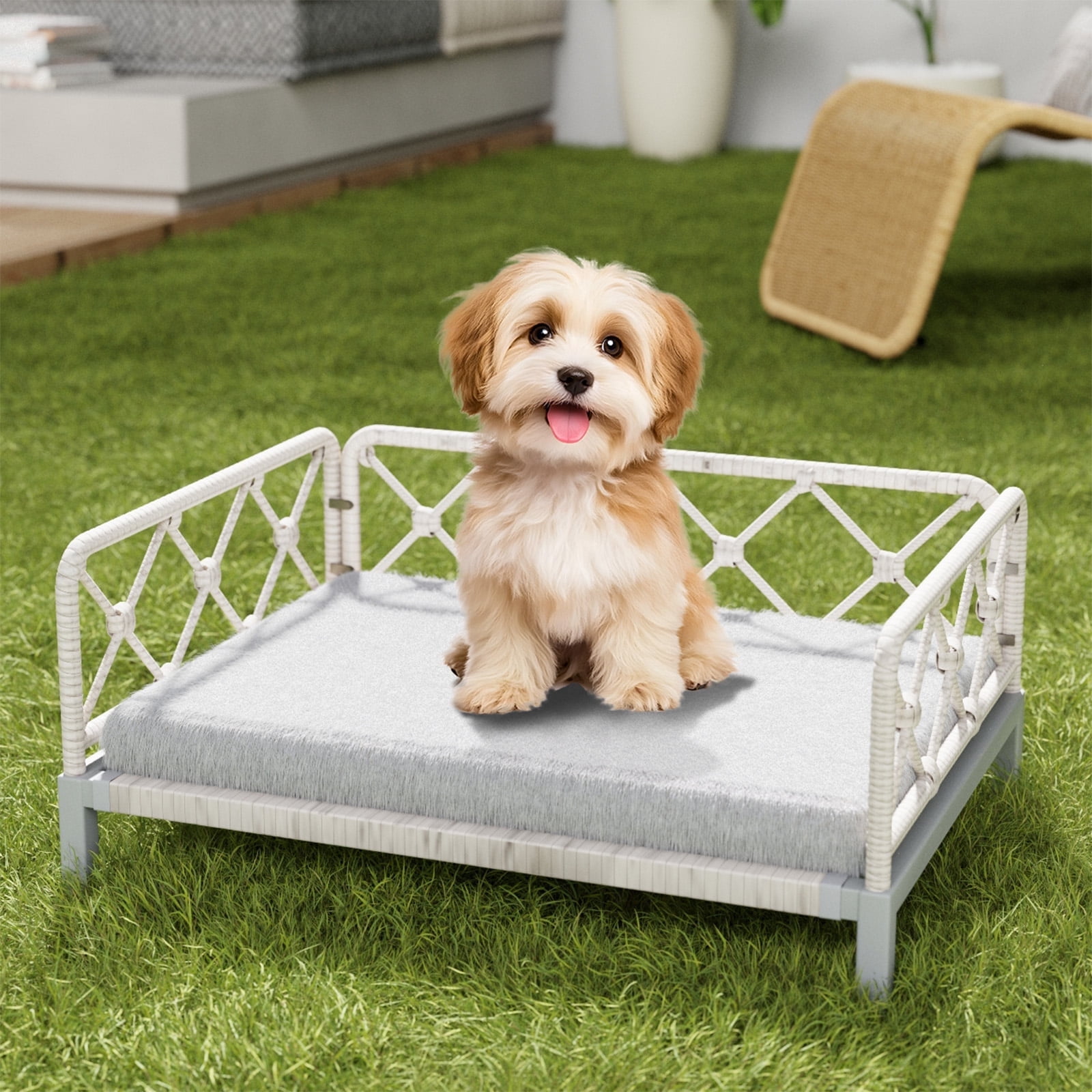 Wallowsun Wicker Dog Bed with 2'' Cushion,Rattan Dog Sofa Bed for Small Medium Dogs– Indoor/Outdoor Metal Frame Pet Bed up 66lbs (White Rattan Grey Cushion)