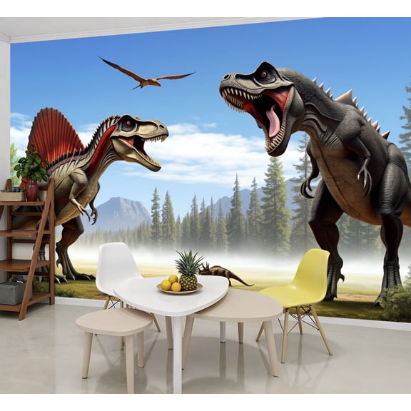 Wallpaper 3D Effect Dinosaurs City Spinosaurus Tyrannosaurus Rex Pterosaurs Peel and Stick Wall Murals 69"H x 96"W Removable PVC Wall Paper Self-Adhesive Wall Decor for Bedroom Living Room