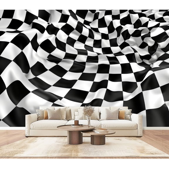 Wallpaper Abstract Black White Checkered Wave Design Peel and Stick Wall Murals 100"H x 144"W Removable PVC Wall Paper Self-Adhesive Wall Paintings Art Decor for Bedroom Living Room