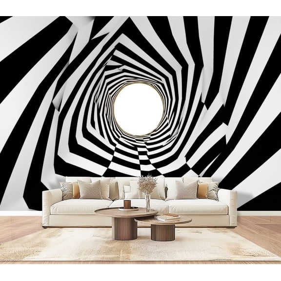 Wallpaper Abstract Black White Geometric Spiral Tunnel Peel and Stick Wall Murals 100"H x 144"W Removable PVC Wall Paper Self-Adhesive Wall Paintings Art Decor for Bedroom Living Room