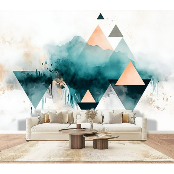 Wallpaper Abstract Geometric Shape Landscape Mountains Trees Triangles Splashes Peel and Stick Wall Murals 100"H x 144"W Removable PVC Wall Paper Self-Adhesive Wall Decor for Bedroom Living Room