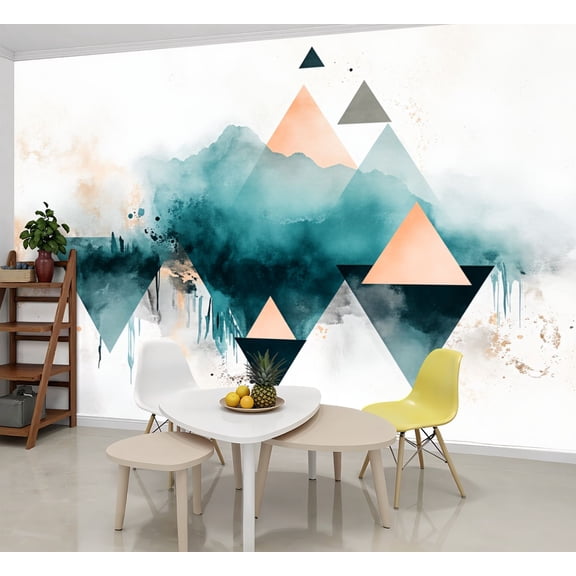 Wallpaper Abstract Geometric Shape Landscape Mountains Trees Triangles Splashes Peel and Stick Wall Murals 69"H x 96"W Removable PVC Wall Paper Self-Adhesive Wall Decor for Bedroom Living Room