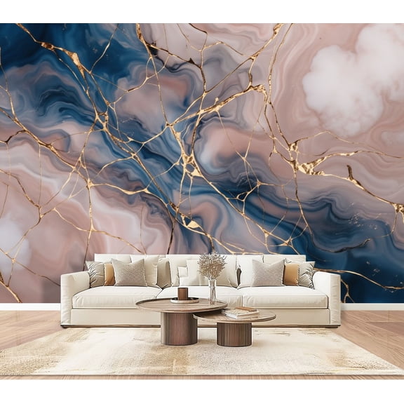 Wallpaper Abstract Marble Navy Pink Gold Veins Peel and Stick Wall Murals 100"H x 144"W Removable PVC Wall Paper Self-Adhesive Wall Paintings Art Decor for Bedroom Living Room